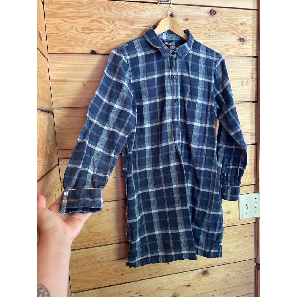 Patagonia Fjord Flannel Shirt Dress Womens Small Blue Plaid Organic Cotton Small - Picture 3 of 8